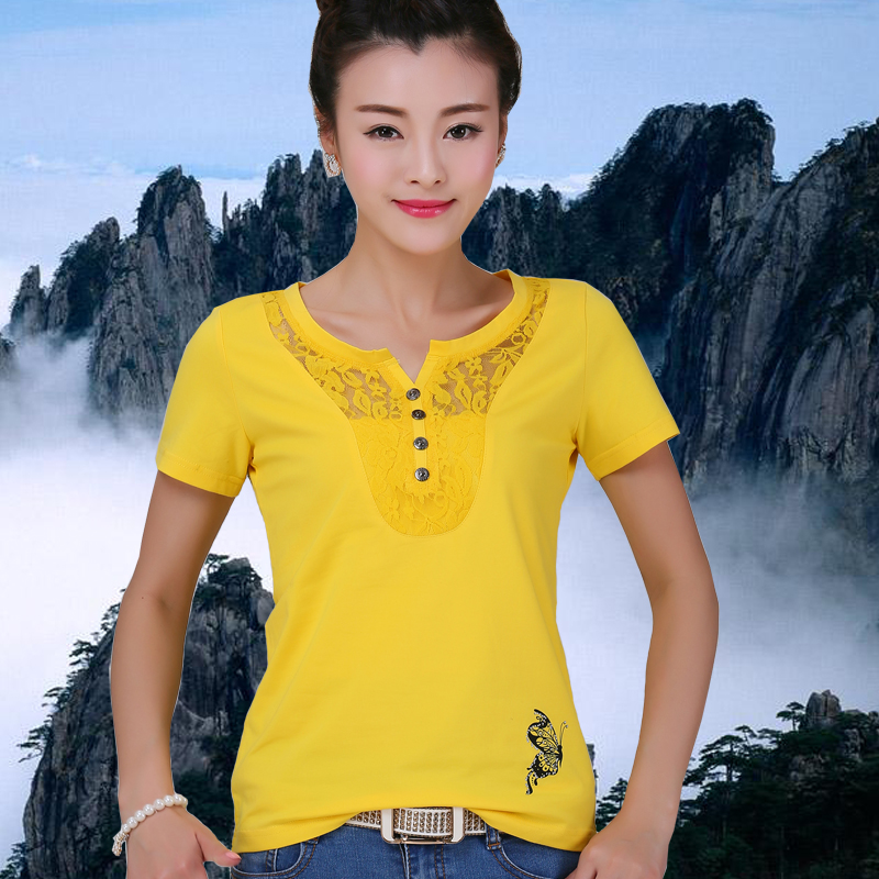 短袖t恤 女装中年韩版百搭修身蕾丝拼接体恤衫夏季纯色纯棉半袖T