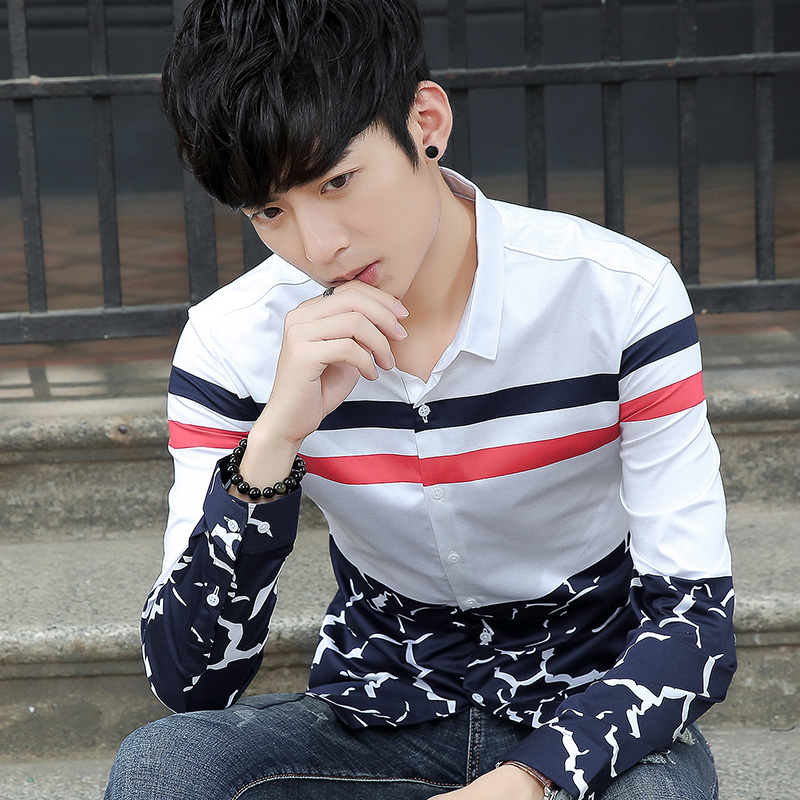 韩版男士修身衬衣青少年印花长袖休闲寸衫秋季学生潮衣服男装