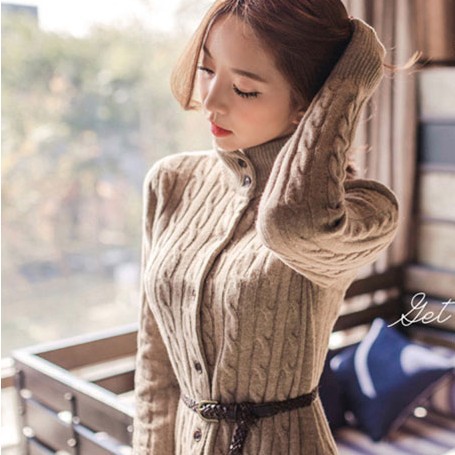 新款2015春季韩版 显瘦加厚修身长款系带开衫毛衣外套女
