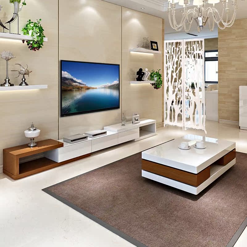 现代新款组装简约钢化玻璃长方形茶几烤漆伸缩电视柜组合客厅家具