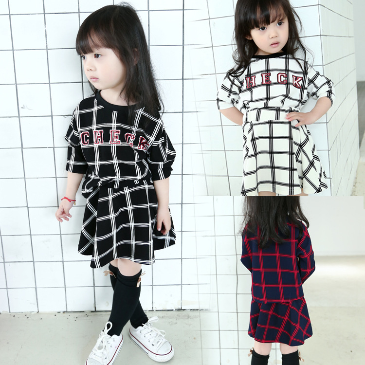 2015秋装新款女宝套装 韩版女童长袖字母t恤上衣搭百褶裙两件套