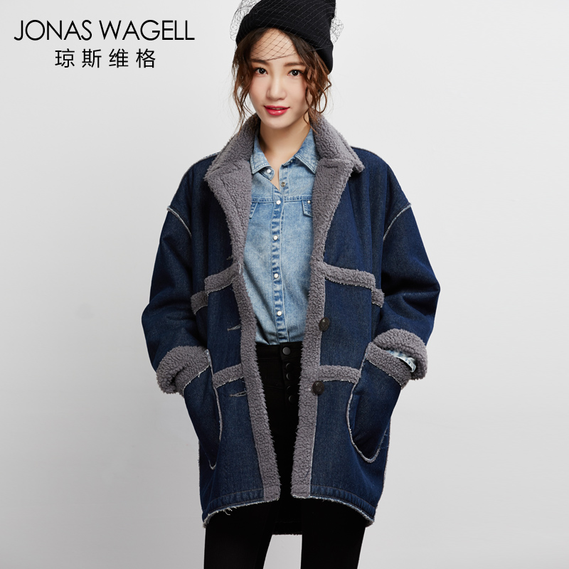 琼斯维格2015冬季新款加绒牛仔外套女士大码翻领羊羔绒加厚风衣