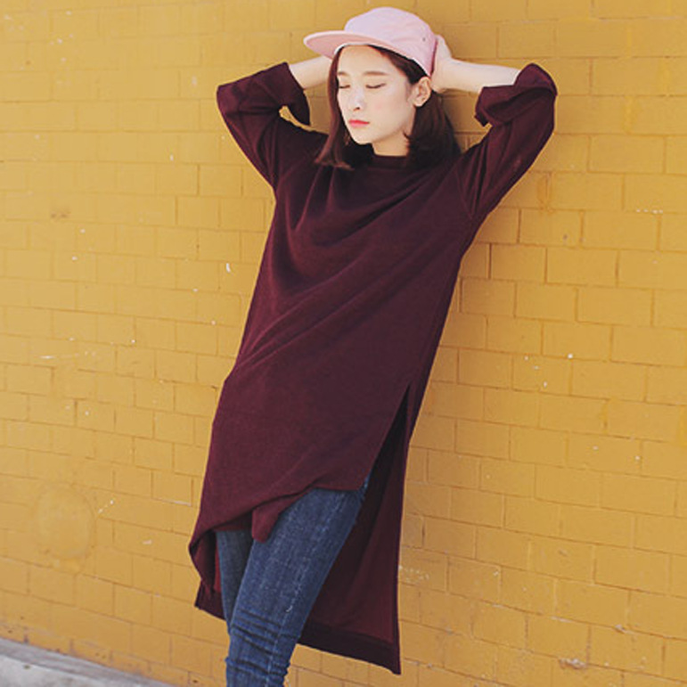 2015秋季韩国新款复古纯色宽松显瘦开叉长款T恤连衣裙毛线针织
