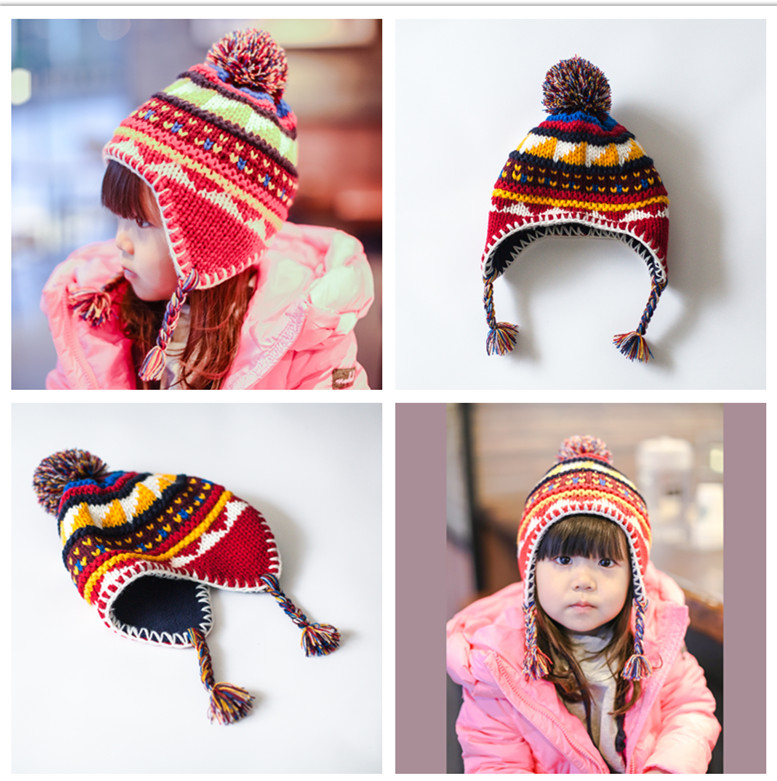 秋冬儿童针织帽 加厚粗针多色提花宝宝帽子护耳帽