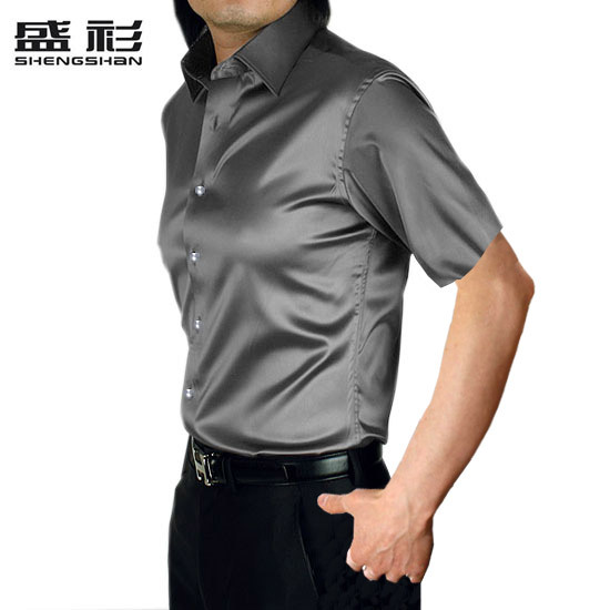 新款男装正品 仿真丝绸缎韩版修身男士翻领衬衣短袖灰色休闲衬衫