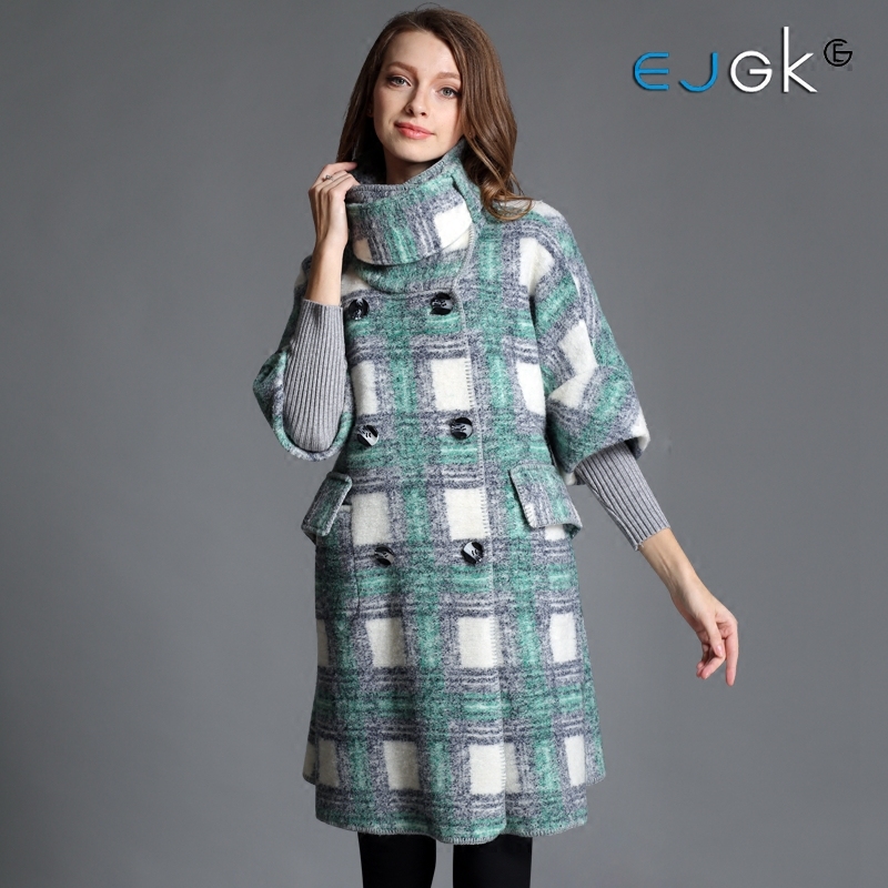 EJGK原创2015冬季新款欧美简约大牌毛呢格子中长款修身羊毛外套女