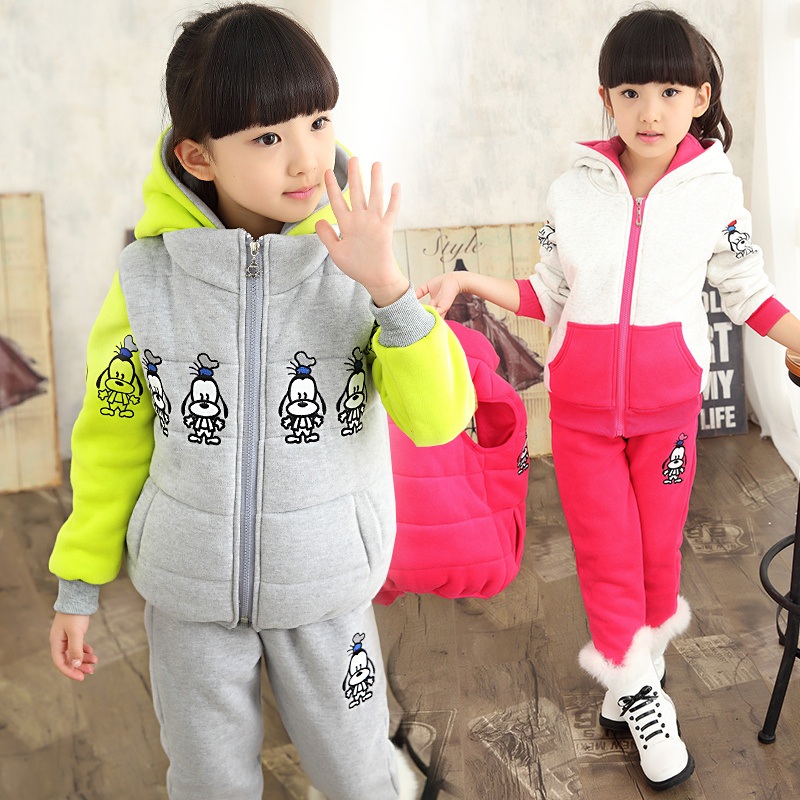 童装女童冬装套装卫衣三件套加厚加绒韩版卡通拉链衫外套马甲3件