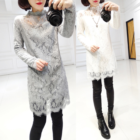 2015秋冬新款韩版修身加绒中长款立领打底衫纯色镂空蕾丝连衣裙女