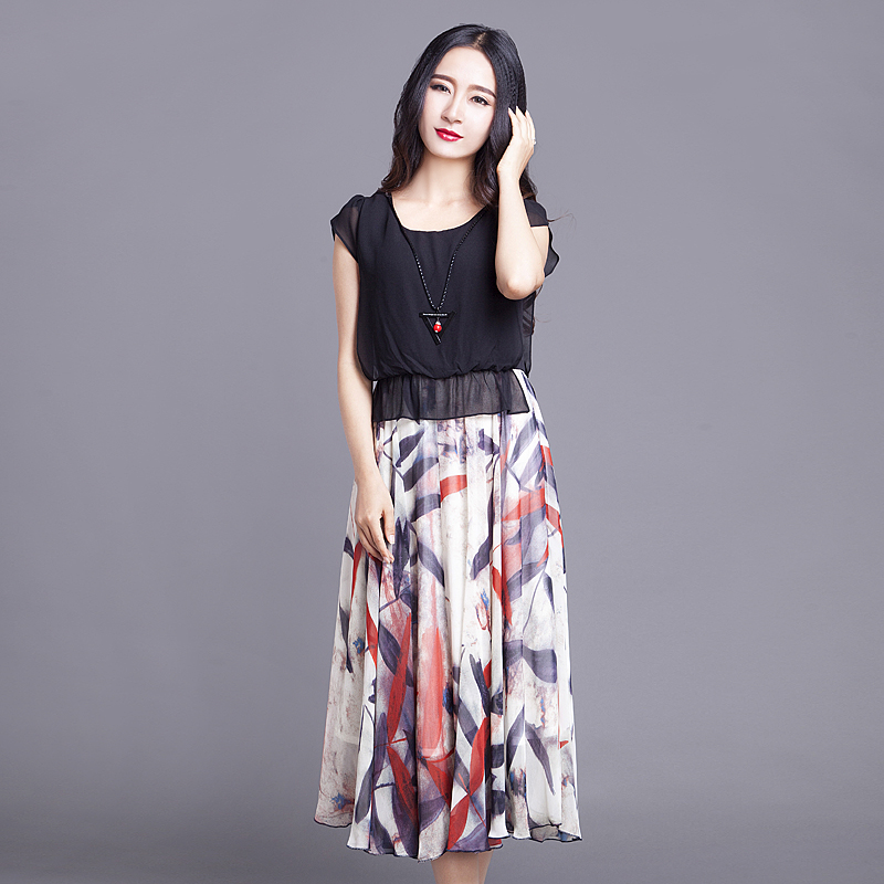 安可安芳2015夏季女装时尚韩版假两件连衣裙拼接花色长裙A52L236