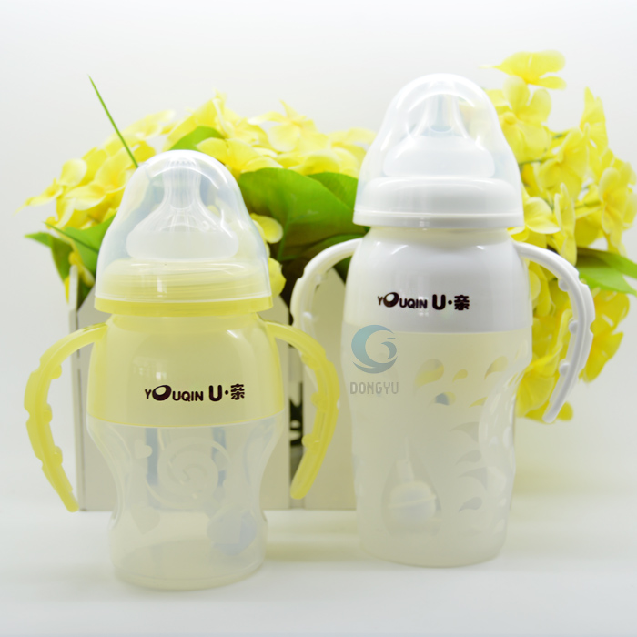 正品U亲宽口径全硅胶奶瓶新生婴儿宝宝奶瓶防胀气带手柄200ml包邮