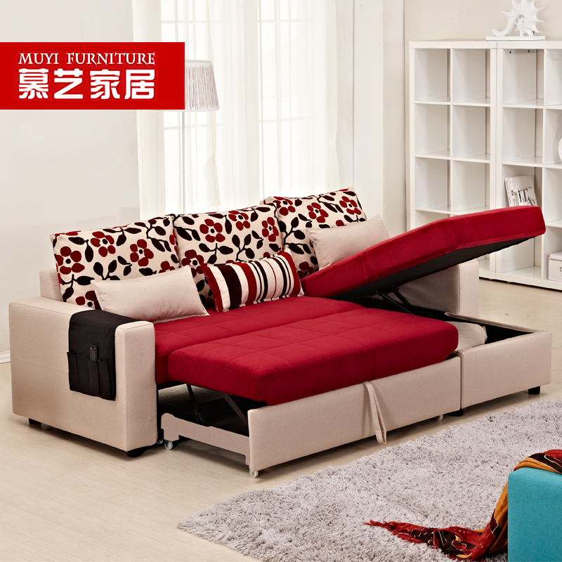 慕艺 布艺沙发床 折叠小户型转角沙发组合 实木储物多功能沙发床