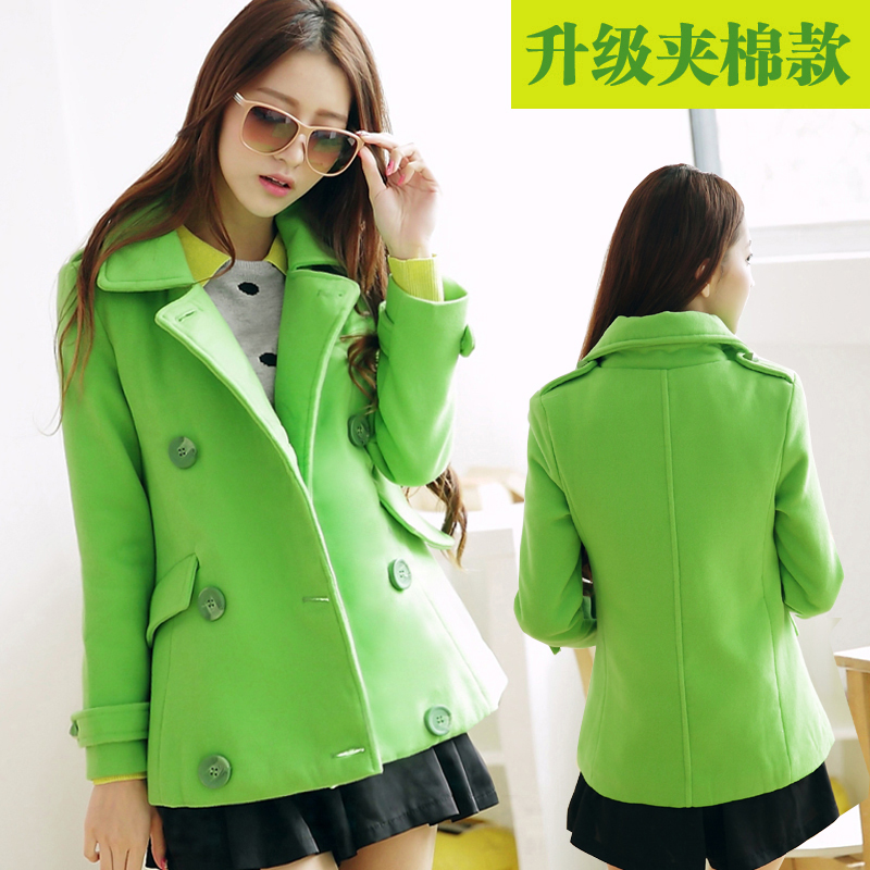 2014冬装升级版夹棉加厚苹果绿双排扣毛呢 女外套