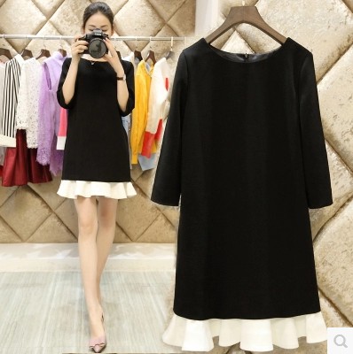 韩国代购2015春装新款黑色宽松七分袖连衣裙女荷叶边气质显瘦大码