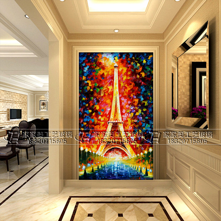 手工雕刻油画效果背景墙艺术玻璃玄关过道彩绘玻璃著名巴黎铁塔