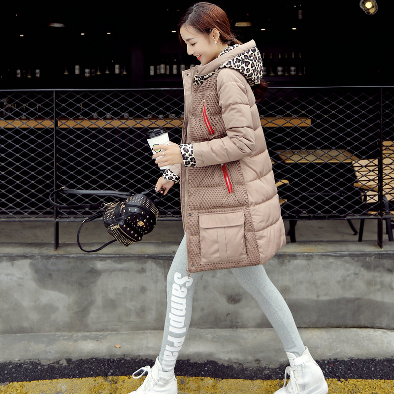 韩版2015冬季修身时尚保暖加厚连帽长袖中长款直筒棉衣女纯色拉链