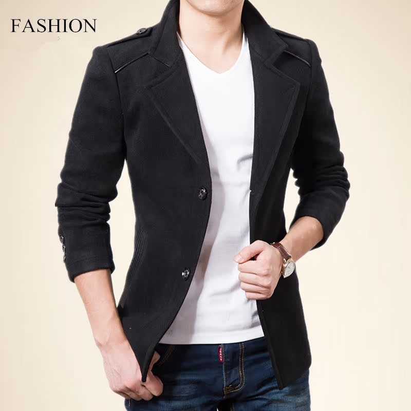 2015年冬季新款修身韩版风衣男士休闲中长款翻领西装领外套大衣潮