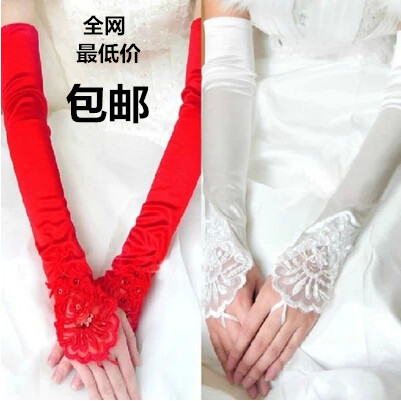 包邮婚纱礼服配饰过肘红色手套韩式长款红色蕾丝漏指手套新娘手套