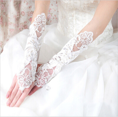包邮2014春季新款绣花月牙韩式白色长款蕾丝露指结婚手套婚纱配饰