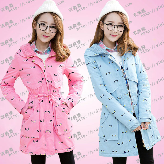 少女学生装女冬装2015韩版学院风中长款风衣印花加厚棉衣棉服外套