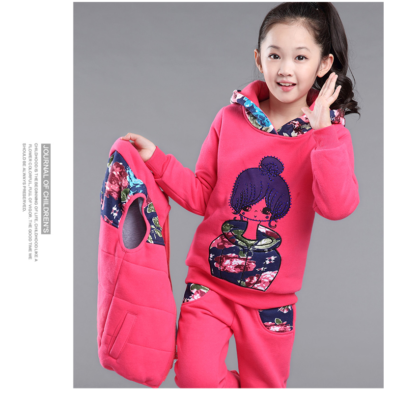 儿童套装女童冬季新款韩版大卫衣拼碎花马夹加绒加厚三件套