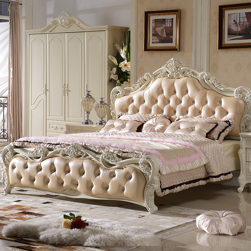 欧式床 真皮双人床组合1.5 1.8米法式橡实木床田园公主婚床家具