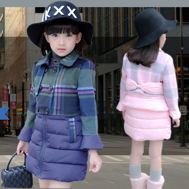 韩版女童棉服中长款冬装新款加厚儿童棉衣格子呢外套大童棉袄套装