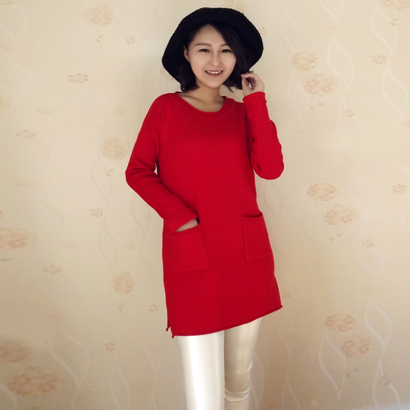 2016韩国羊绒针织衫圆领纯色双口袋开叉中长款毛衣直筒休闲连衣裙