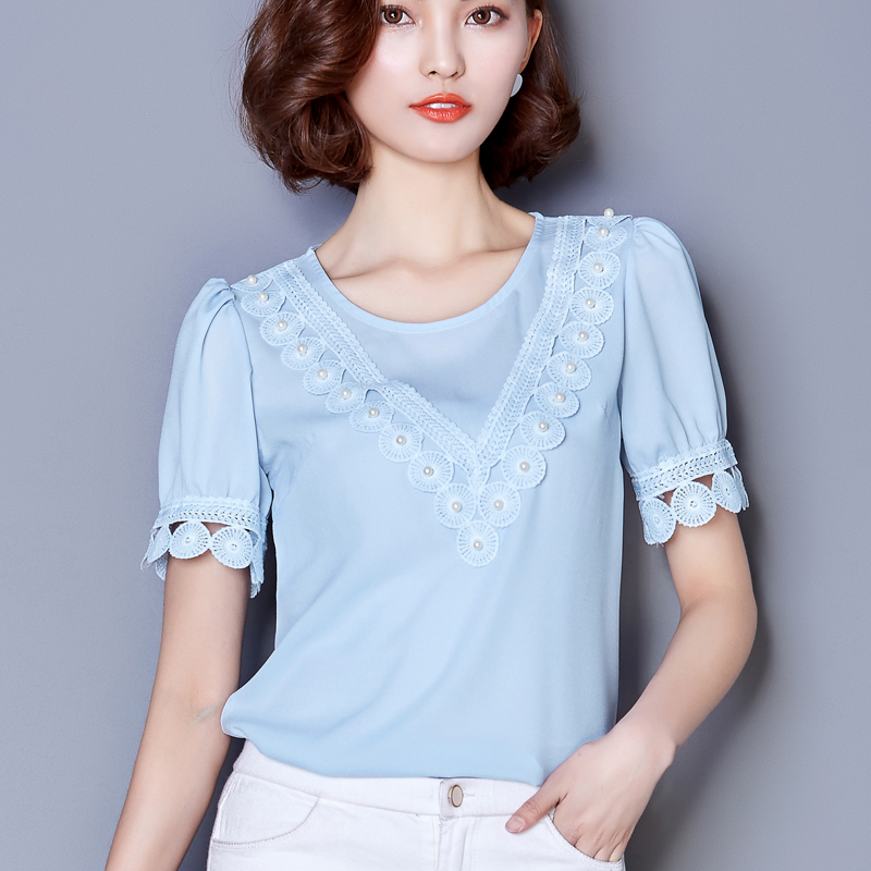 2016夏装新款上衣韩版简约时尚T恤女修身珍珠短袖气质名媛雪纺衫