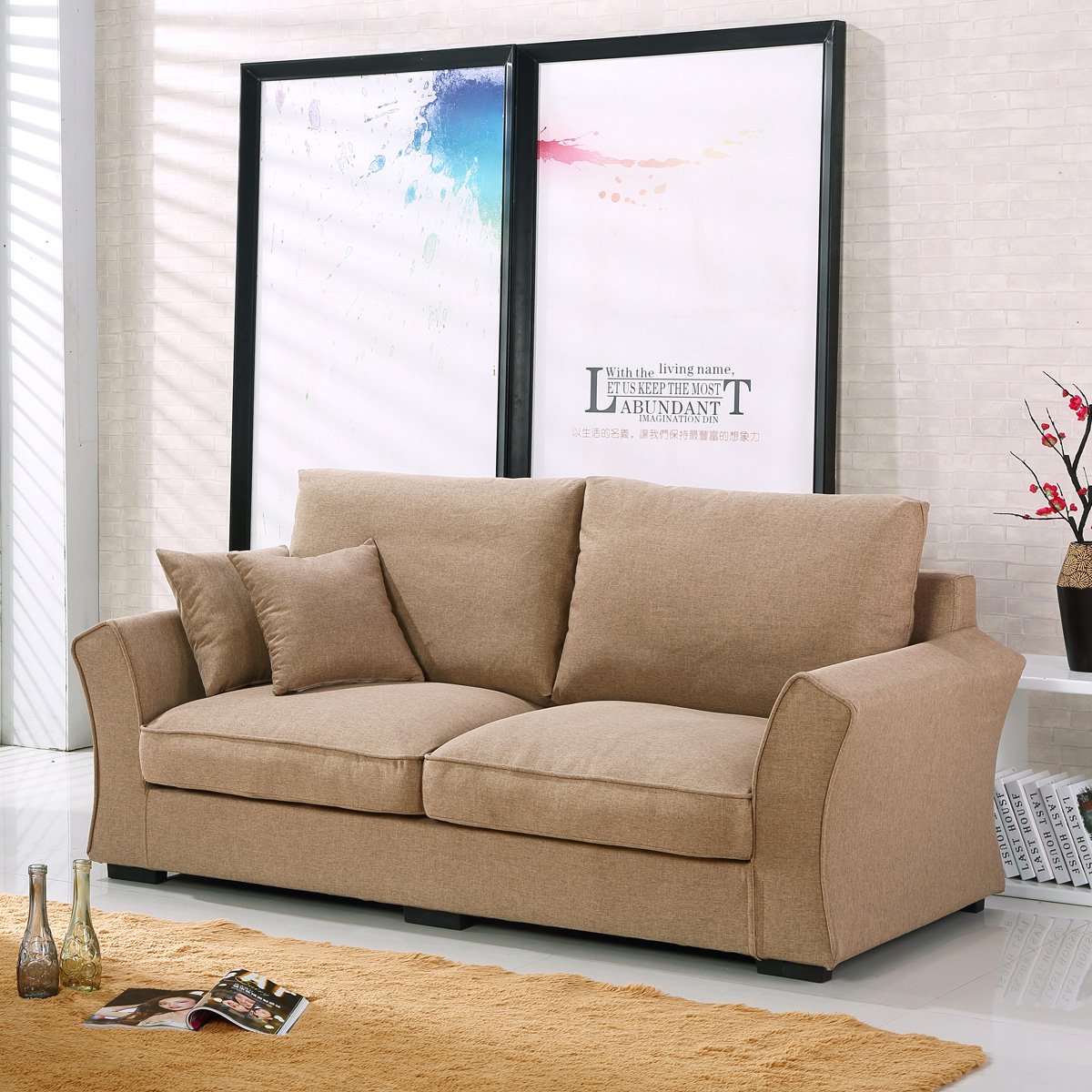 新款小型羽绒布艺麻布四人位沙发3人2米美式沙发一字直排简单沙发