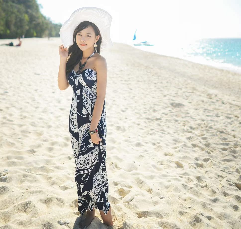 2015春夏冰丝拖地挂脖沙滩裙波西米亚印花长裙仙海边度假连衣裙子