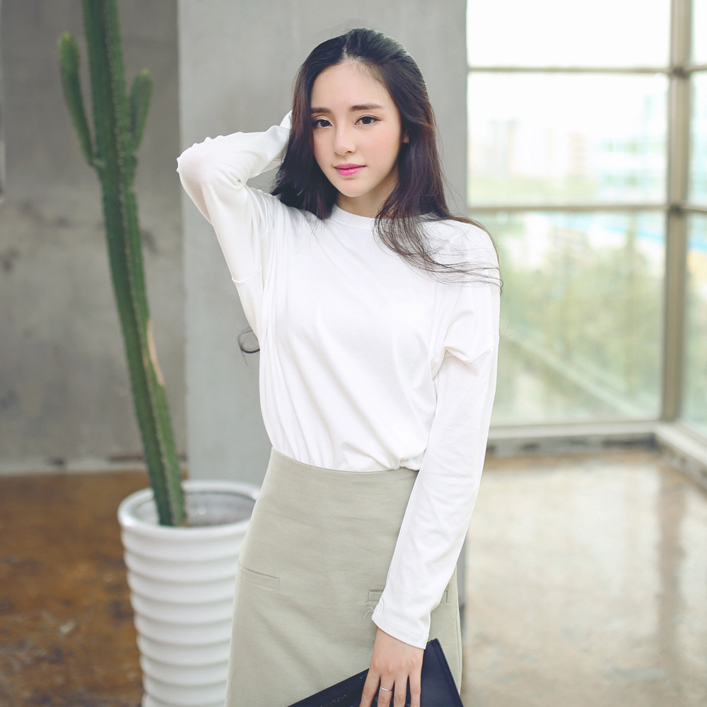 2015韩国东大门女装秋冬季新款宽松长袖圆领打底衫全棉T恤