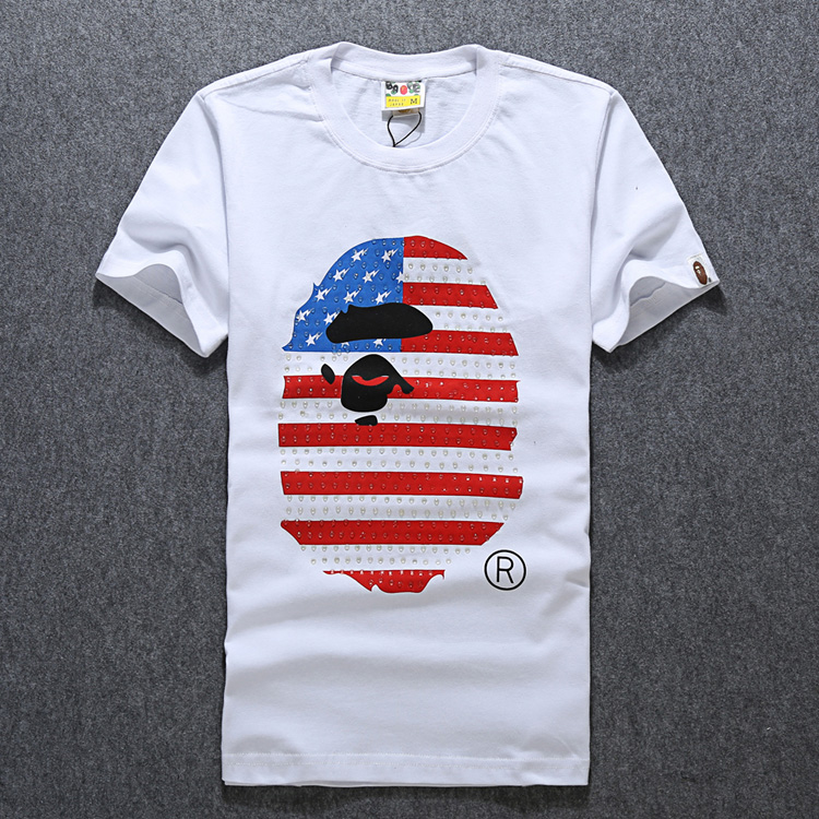 日系潮牌猿人烫钻美国旗半袖上衣 夏季时尚潮流男士短袖T恤衫tee
