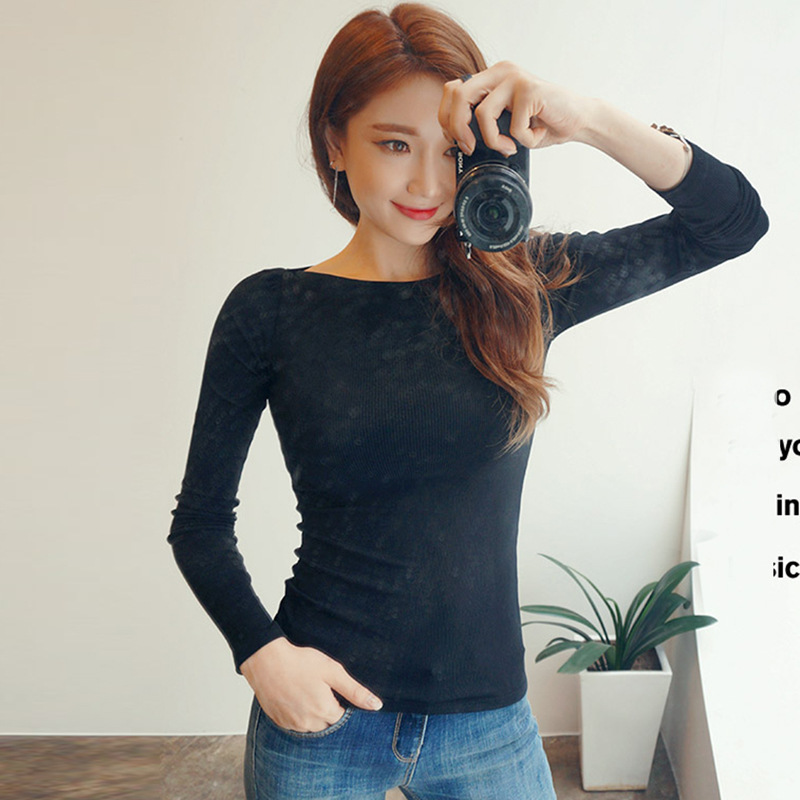 2016韩版新款女装长袖T恤上衣弹力简约修身圆领打底衫纯色
