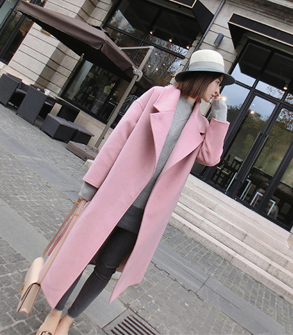 毛呢外套女2015秋冬新款韩版羊毛呢子大衣加厚显瘦粉色加长款外套