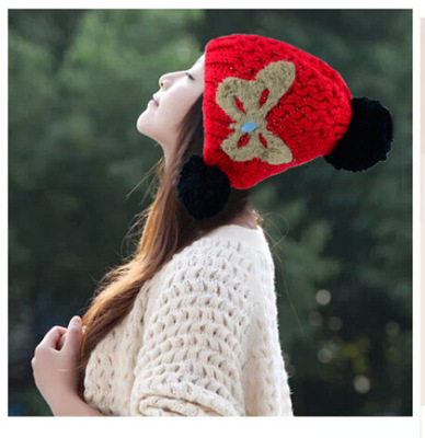 帽子 女 秋冬天可爱时尚韩国韩版保暖护耳针织帽 大毛球毛线帽