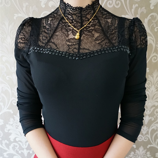 新款上市2014秋新哥特风格半高领长袖蕾丝钉珠打底衫黑色修身甜美
