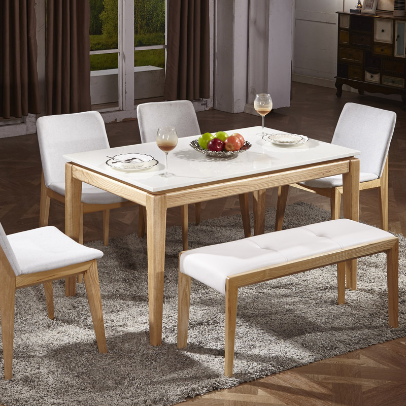 北欧宜家小户型长方形大理石餐桌水曲柳现代实木餐桌椅极美家具