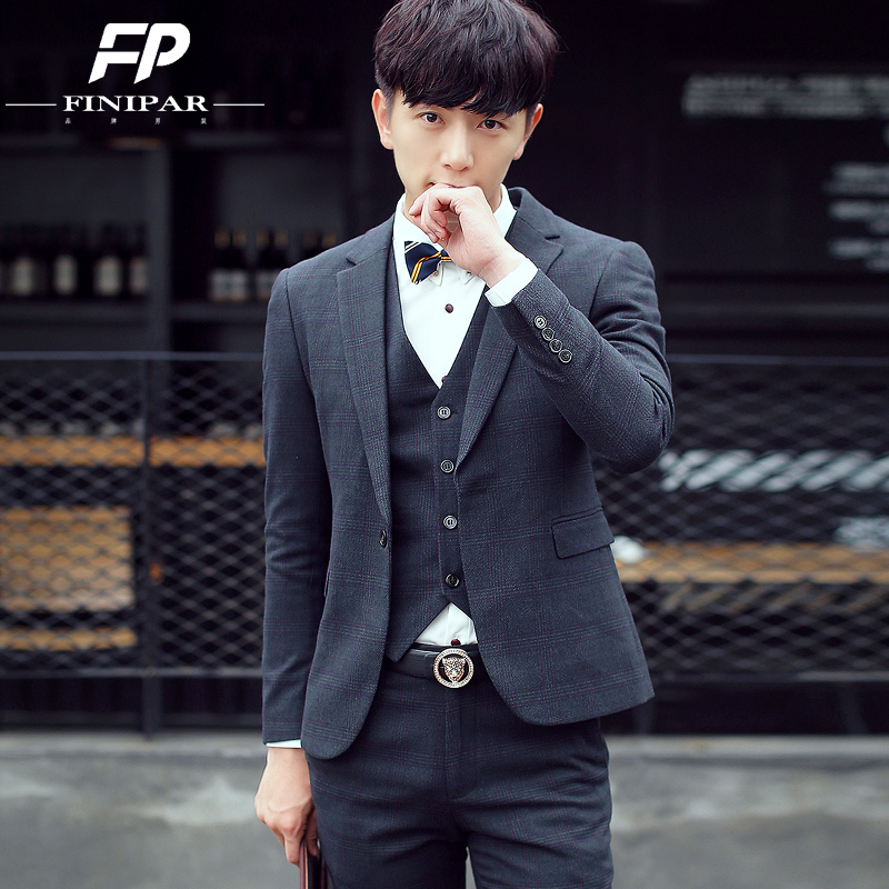 FINIPAR新款韩版潮男士修身格子西服套装休闲三件套西装男小西装