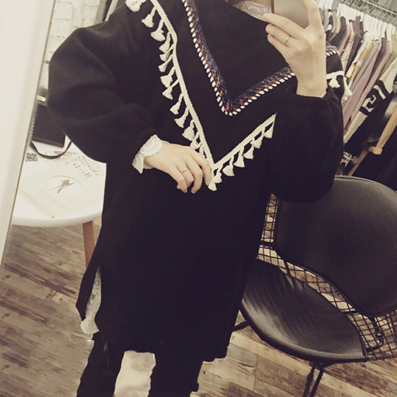 冬装新款韩版时尚流苏编织宽松加绒加厚长袖套头中长款卫衣绒衫女