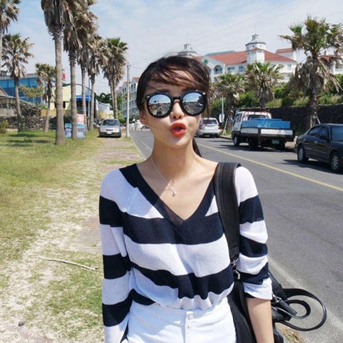 2016春夏新款 黑白条纹V领针织衫女 夏季空调衫防晒衫薄 长袖罩衫