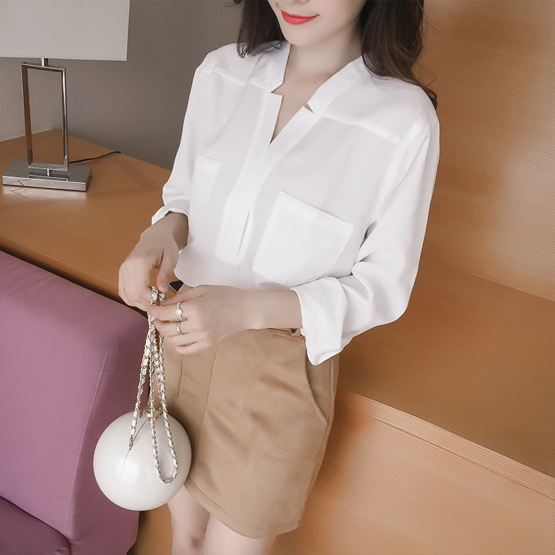 2016年秋季棉白色通勤常规款直筒长袖V领韩版口袋纯色套头衬衫