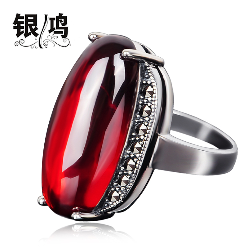 银鸿925银红石榴石时尚夸张食指戒指 韩版个性泰银女士红宝石指环