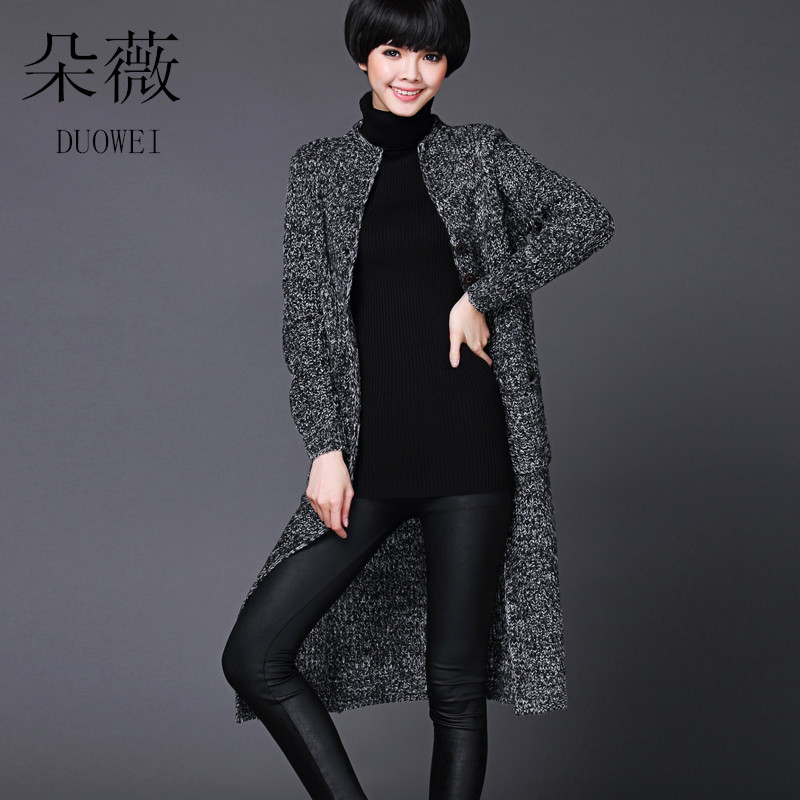 朵薇正品韩版时尚夹色针织开衫羊毛衫外套 长款羊毛针织毛衣外套