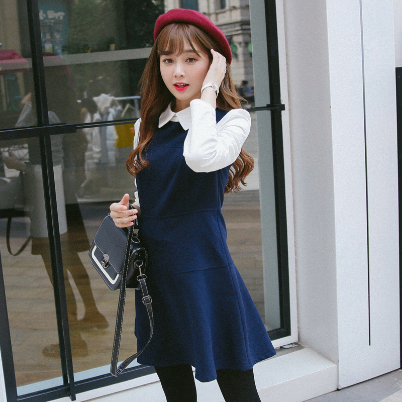 韩国2015秋冬新款韩版女装中长款修身显瘦假两件打底裙装连衣裙女