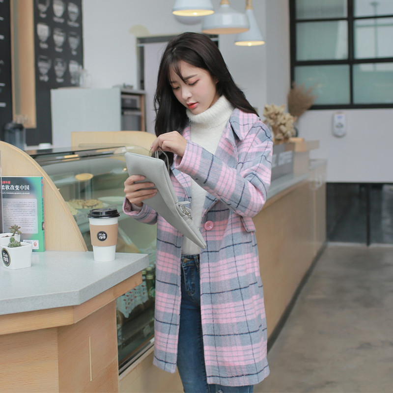 2016秋冬新款韩版格子呢料外套女学生宽松大码中长款羊毛呢子大衣