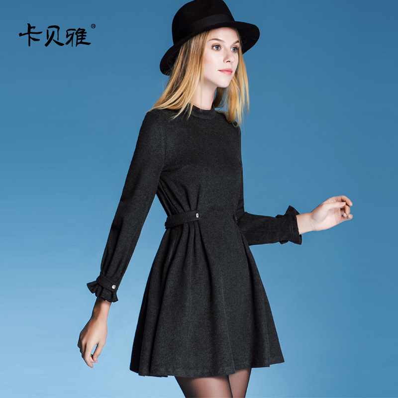 2015秋季新品女装 圆领纯色长袖褶皱修身拼接荷叶边连衣裙女 5305