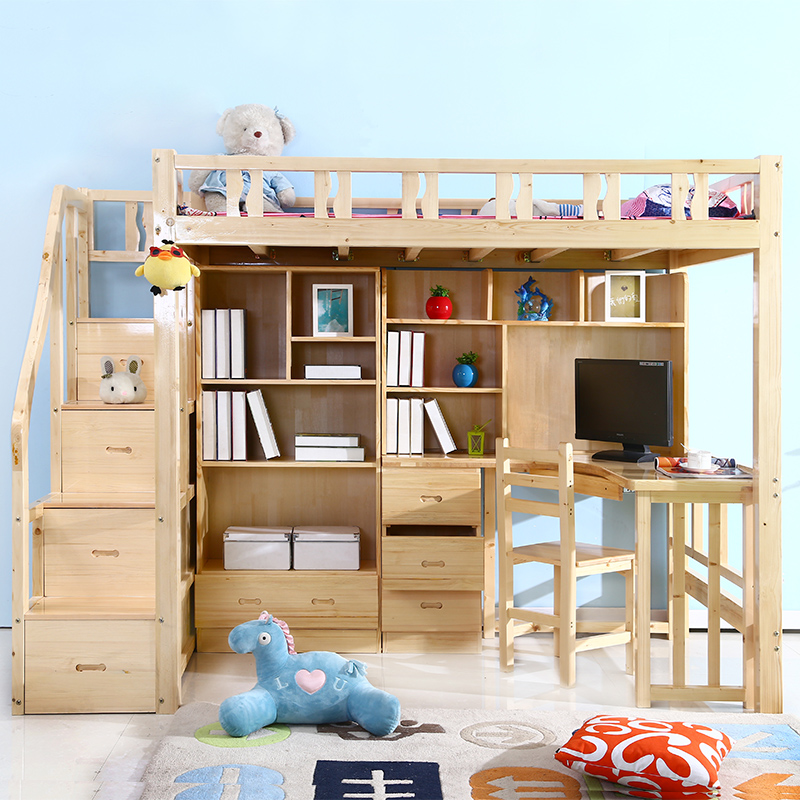 实木高架床儿童组合床高低床书桌床多功能字母床成人上下床梯柜床