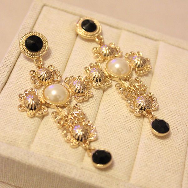 韩国夸张巴洛克风耳环十字架宝石镶钻珍珠女式 耳钉耳坠配饰 品