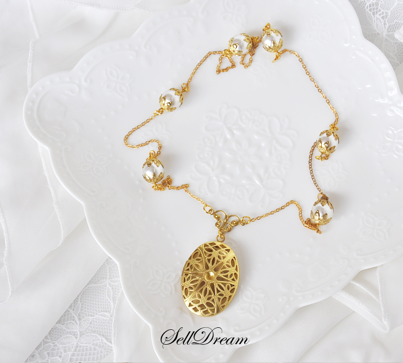 ::Selldream::伯爵的秘宝纯铜花片珍珠相片盒项链