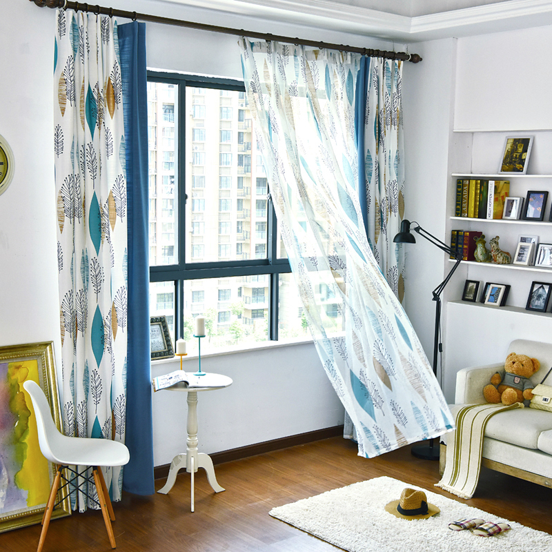 窗帘定制定做成品现代简约北欧风格宜清新棉麻落地窗家纱/蓝绿叶